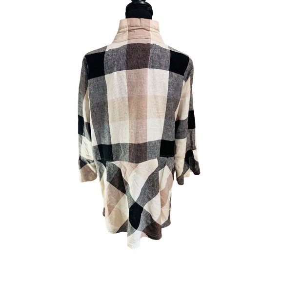 Ali Miles Plaid Linen-Cotton Shacket Jacket XL Black Cream Tan Artsy Lagenlook - Picture 3 of 10